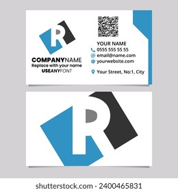 Blue and Black Business Card Template with Rectangle Shaped Letter R Logo Icon Over a Light Grey Background