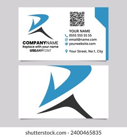 Blue and Black Business Card Template with Pointy Tipped Letter R Logo Icon Over a Light Grey Background