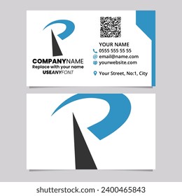 Blue and Black Business Card Template with Pointy Tipped Letter P Logo Icon Over a Light Grey Background