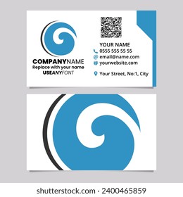 Blue and Black Business Card Template with Whirl Shaped Letter O Logo Icon Over a Light Grey Background