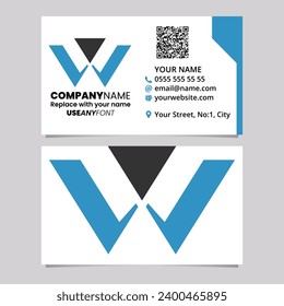 Blue and Black Business Card Template with Triangle Shaped Letter W Logo Icon Over a Light Grey Background