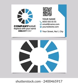 Blue and Black Business Card Template with Striped Letter O Logo Icon Over a Light Grey Background