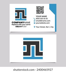 Blue and Black Business Card Template with Square Letter N Logo Icon Over a Light Grey Background