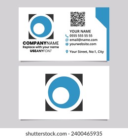 Blue and Black Business Card Template with Square Letter O Logo Icon Over a Light Grey Background