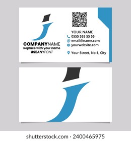 Blue and Black Business Card Template with Spiky Italic Letter J Logo Icon Over a Light Grey Background