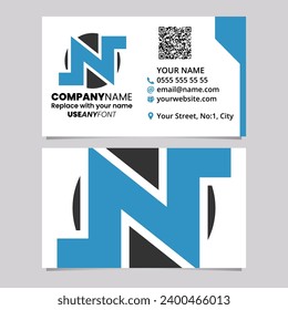 Blue and Black Business Card Template with Round Bold Letter N Logo Icon Over a Light Grey Background