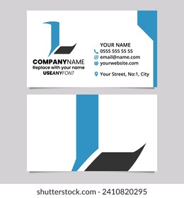 Blue and Black Business Card Template with Sharp Spiked Letter L Logo Icon Over a Light Grey Background