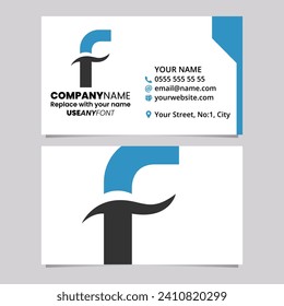 Blue and Black Business Card Template with Round Spiky Shaped Letter F Logo Icon Over a Light Grey Background