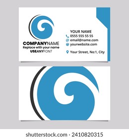 Blue and Black Business Card Template with Whirl Shaped Letter O Logo Icon Over a Light Grey Background