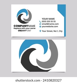 Blue and Black Business Card Template with Wave Shaped Letter O Logo Icon Over a Light Grey Background