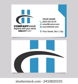 Blue and Black Business Card Template with Vertical Rectangle Shaped Letter H Logo Icon Over a Light Grey Background
