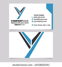 Blue and Black Business Card Template with Uppercase Letter Y Logo Icon Over a Light Grey Background