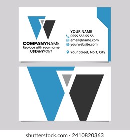 Blue and Black Business Card Template with Triangle Shaped Letter W Logo Icon Over a Light Grey Background