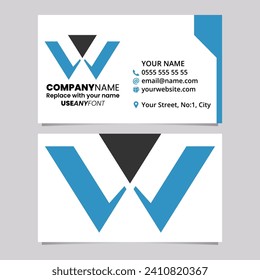Blue and Black Business Card Template with Triangle Shaped Letter W Logo Icon Over a Light Grey Background