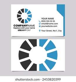 Blue and Black Business Card Template with Striped Letter O Logo Icon Over a Light Grey Background