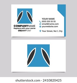 Blue and Black Business Card Template with Square Letter T Logo Icon Over a Light Grey Background