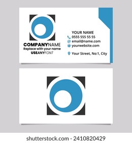 Blue and Black Business Card Template with Square Letter O Logo Icon Over a Light Grey Background