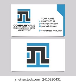 Blue and Black Business Card Template with Square Letter N Logo Icon Over a Light Grey Background
