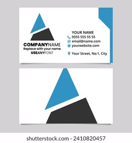 Blue and Black Business Card Template with Split Triangle Shaped Letter A Logo Icon Over a Light Grey Background