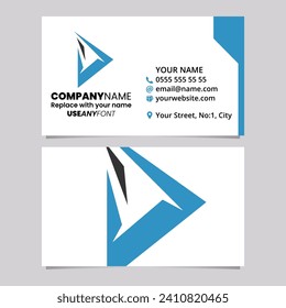 Blue and Black Business Card Template with Spiky Triangular Letter D Logo Icon Over a Light Grey Background