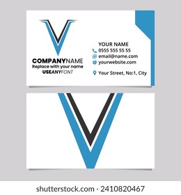 Blue and Black Business Card Template with Spiky Shaped Letter V Logo Icon Over a Light Grey Background