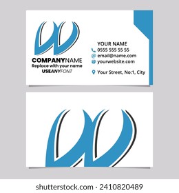 Blue and Black Business Card Template with Spiky Italic Letter W Logo Icon Over a Light Grey Background