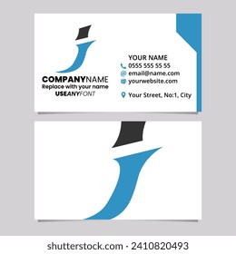 Blue and Black Business Card Template with Spiky Italic Letter J Logo Icon Over a Light Grey Background