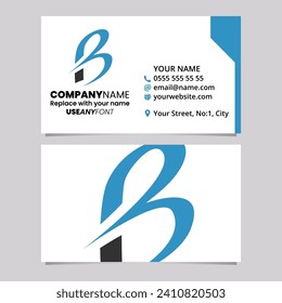 Blue and Black Business Card Template with Slim Pointy Letter B Logo Icon Over a Light Grey Background