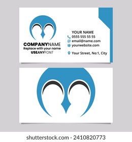 Blue and Black Business Card Template with Round Pointy Tipped Letter M Logo Icon Over a Light Grey Background