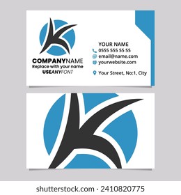 Blue and Black Business Card Template with Round Pointy Letter K Logo Icon Over a Light Grey Background
