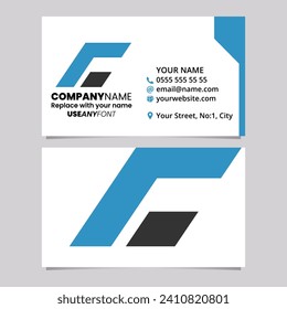 Blue and Black Business Card Template with Rectangular Italic Letter C Logo Icon Over a Light Grey Background