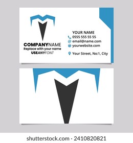 Blue and Black Business Card Template with Pointy Tipped Letter T Logo Icon Over a Light Grey Background