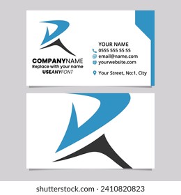 Blue and Black Business Card Template with Pointy Tipped Letter R Logo Icon Over a Light Grey Background