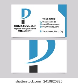 Blue and Black Business Card Template with Pointy Tipped Letter P Logo Icon Over a Light Grey Background