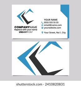 Blue and Black Business Card Template with Pointy Tipped Letter C Logo Icon Over a Light Grey Background
