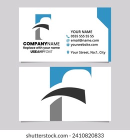 Blue and Black Business Card Template with Pointy Tipped Letter F Logo Icon Over a Light Grey Background