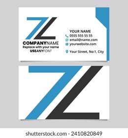 Blue and Black Business Card Template with Number 7 Shaped Letter Z Logo Icon Over a Light Grey Background