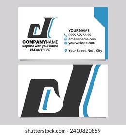 Blue and Black Business Card Template with Lowercase Italic Letter D Logo Icon Over a Light Grey Background