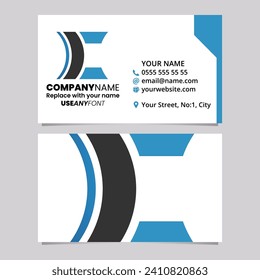 Blue and Black Business Card Template with Lens Shaped Letter C Logo Icon Over a Light Grey Background
