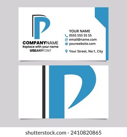 Blue and Black Business Card Template with Layered Letter P Logo Icon Over a Light Grey Background
