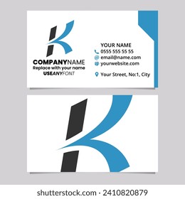 Blue and Black Business Card Template with Italic Arrow Shaped Letter K Logo Icon Over a Light Grey Background