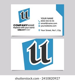 Blue and Black Business Card Template with Distorted Square Shaped Letter U Logo Icon Over a Light Grey Background