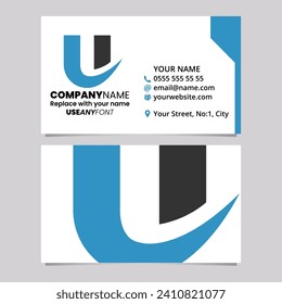 Blue and Black Business Card Template with Bold Curvy Shaped Letter U Logo Icon Over a Light Grey Background