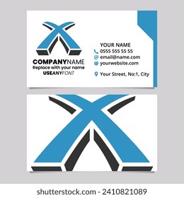 Blue and Black Business Card Template with 3d Shaped Letter X Logo Icon Over a Light Grey Background