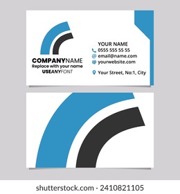 Blue and Black Business Card Template with Arc Shaped Letter R Logo Icon Over a Light Grey Background