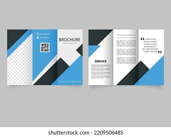 Blue Black Business Trifold Brochure Template. Tri Fold Layout. Vector Graphics