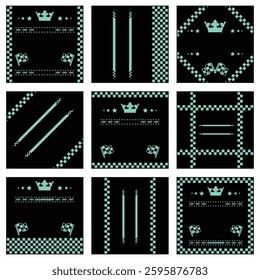 Blue and black car and moto sports decals. Square checkeres halftone designs for racing tournaments and competitions. Sample bold speed text words with linear patterns