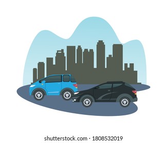 blue and black cars in front of city buildings design, Vehicle automobile auto and transportation theme Vector illustration