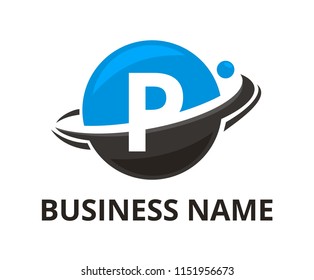 blue and black color planet circle get slice into half logo graphic design with modern clean style for protection or security company with initial type letter p on it