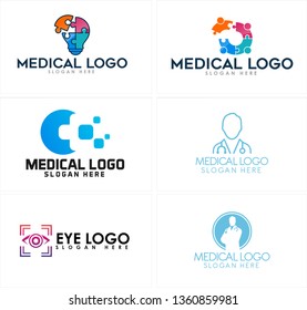 Blue black colorful line art bulb people eye man stethoscope combination mark logo design vector suitable for medical pharmaceutical doctor hospital health